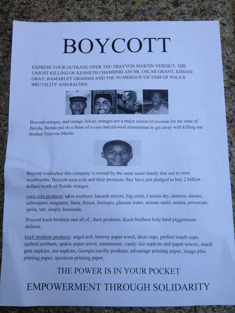 Boycott Flier at NYC Trayvon Martin Rally