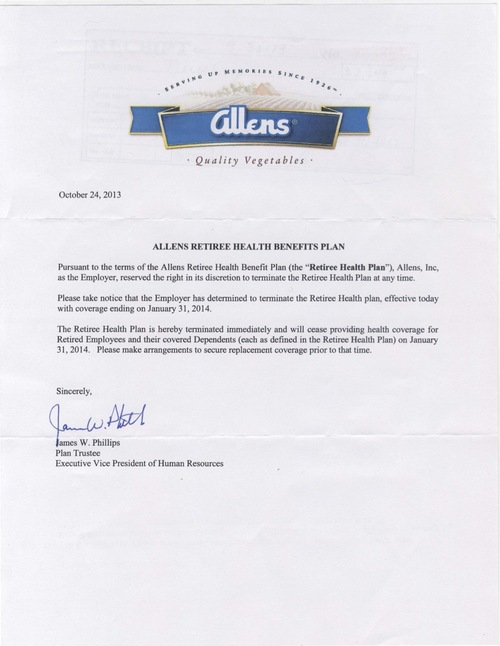 Allens Vegetables Cancels Retiree Health Ins